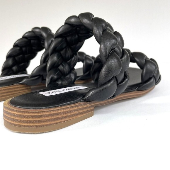 Steve Madden Black Braided Open Toe Slides Flats Sandals Vegan Faux Leather - Picture 9 of 16